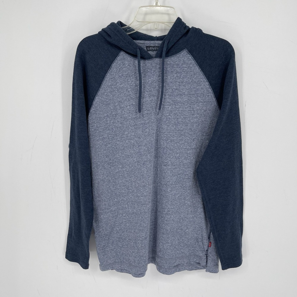 Levi Men's Blue Waffle Knit Thermal Raglan Sleeve Hoodie Pullover Tee Top Size L